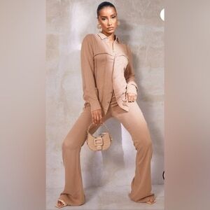 NWT Pretty Little Thing US 12 UK 16 Camel Travel Button Up Shirt & Pant Set L